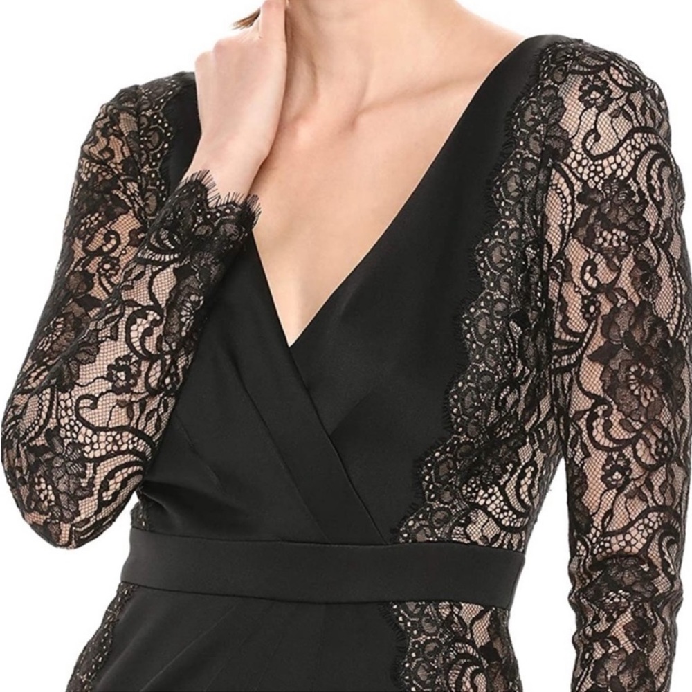 Tadashi Shoji Faux Wrap Lace Dress in Black/Nude - Picture 3 of 13